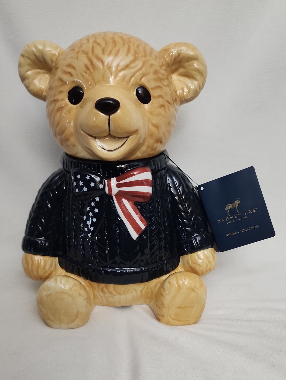 Dabney Lee Tan Bear Cookie Jar with Black Sweater and American Flag Bow 12"x10"